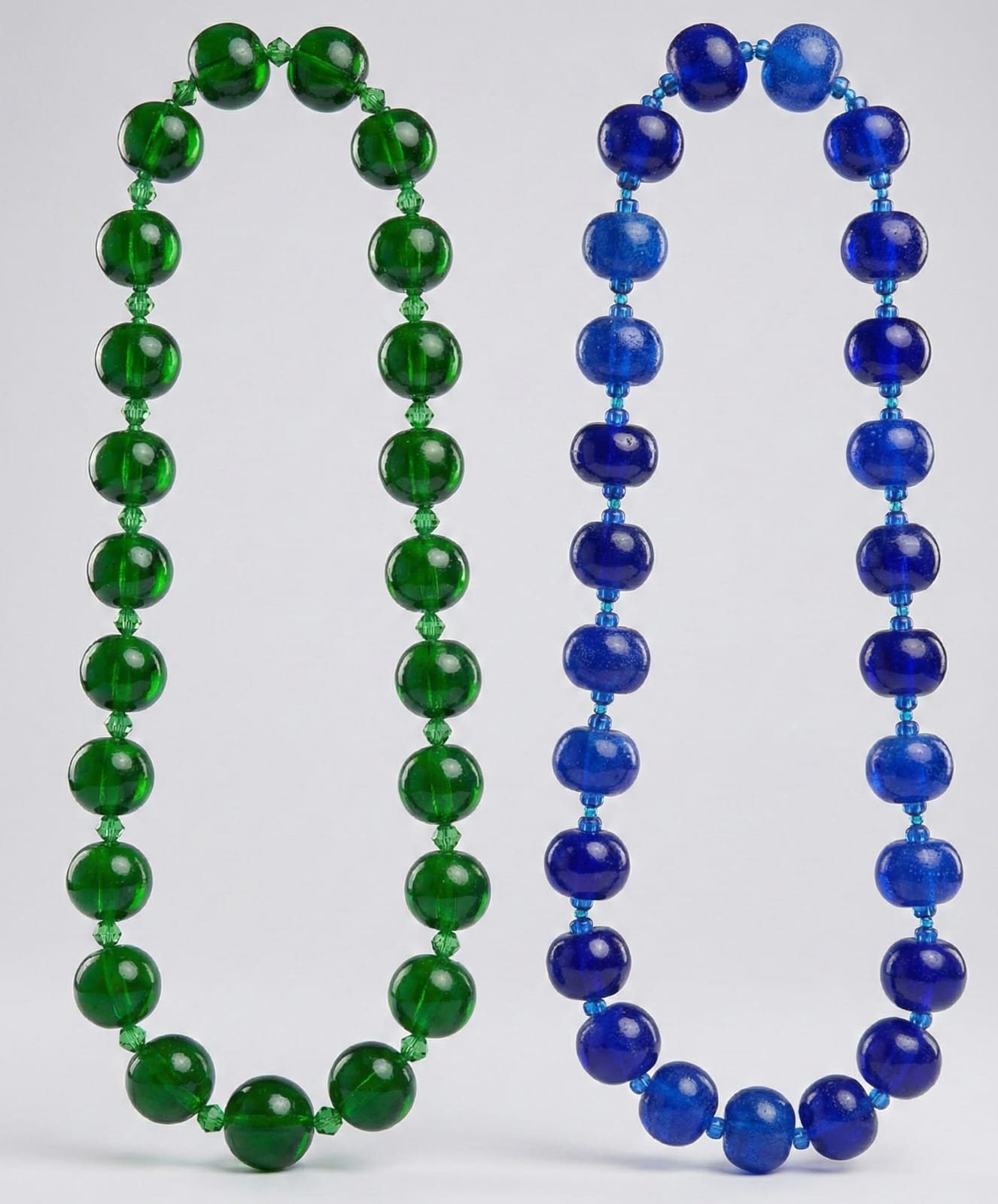 Two necklaces of large round glass beads hang side by side on a light grey background, one deep green with small faceted green spacers, one cobalt blue with small blue spacer beads.