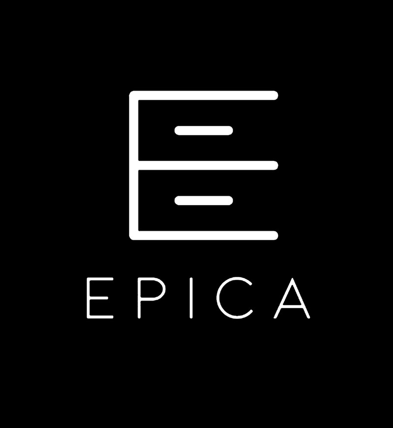 The white Epica logo, a squared letter E made of lines above the word EPICA, on a black background.
