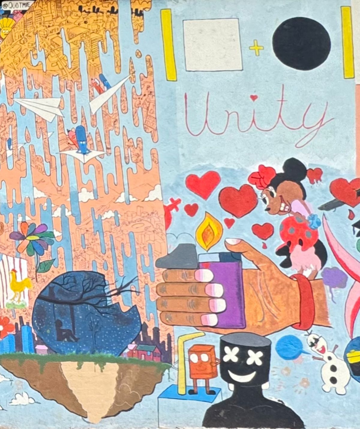 Painted mural with a cursive Unity sign, red hearts, a hand holding a phone, dripping orange paint, a floating island and a cartoon character with X eyes.