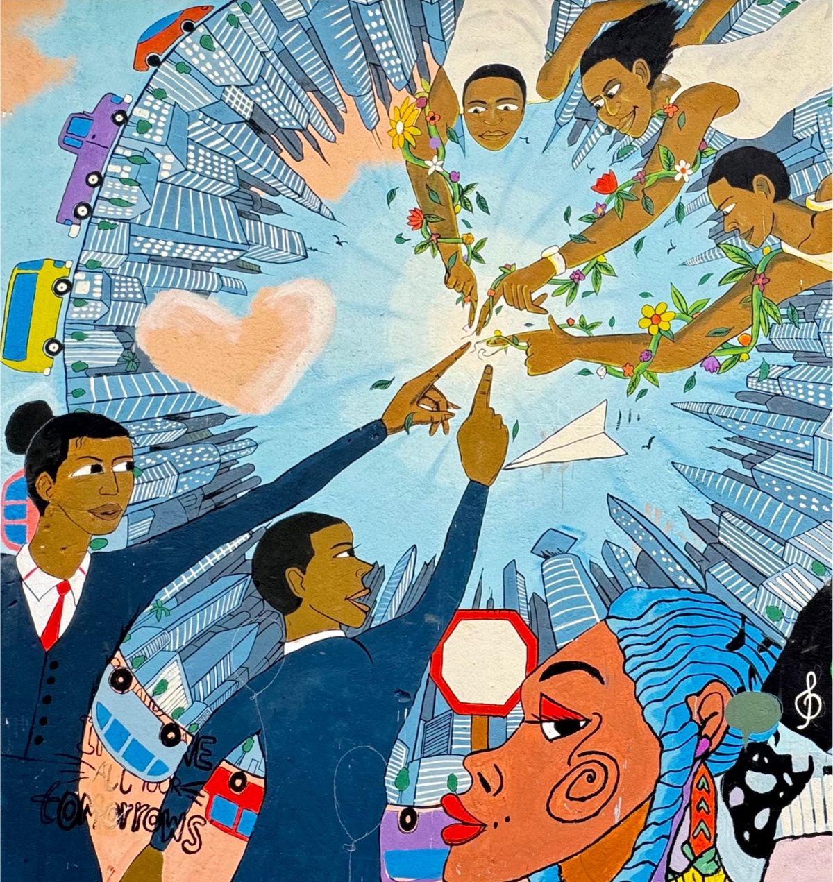 Painted mural of hands reaching toward a glowing centre wrapped in vines, with figures in suits pointing and city skyscrapers around the edge.