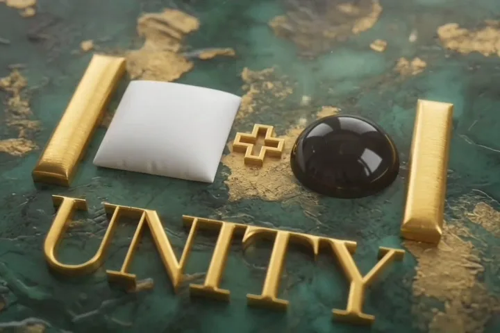 Unity logo in gold on green marble: two gold bars, a white square, a gold plus, a black dome and the word UNITY