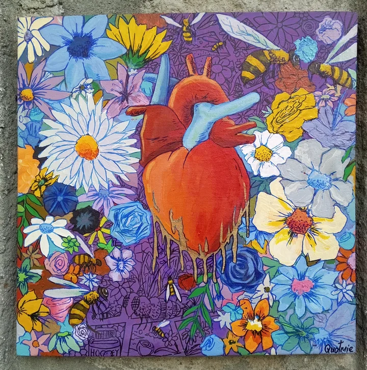 The painting is an image of a heart bleeding honey surrounded with different types of flowers and some bees. The background is a doodle of bee activities taking place.